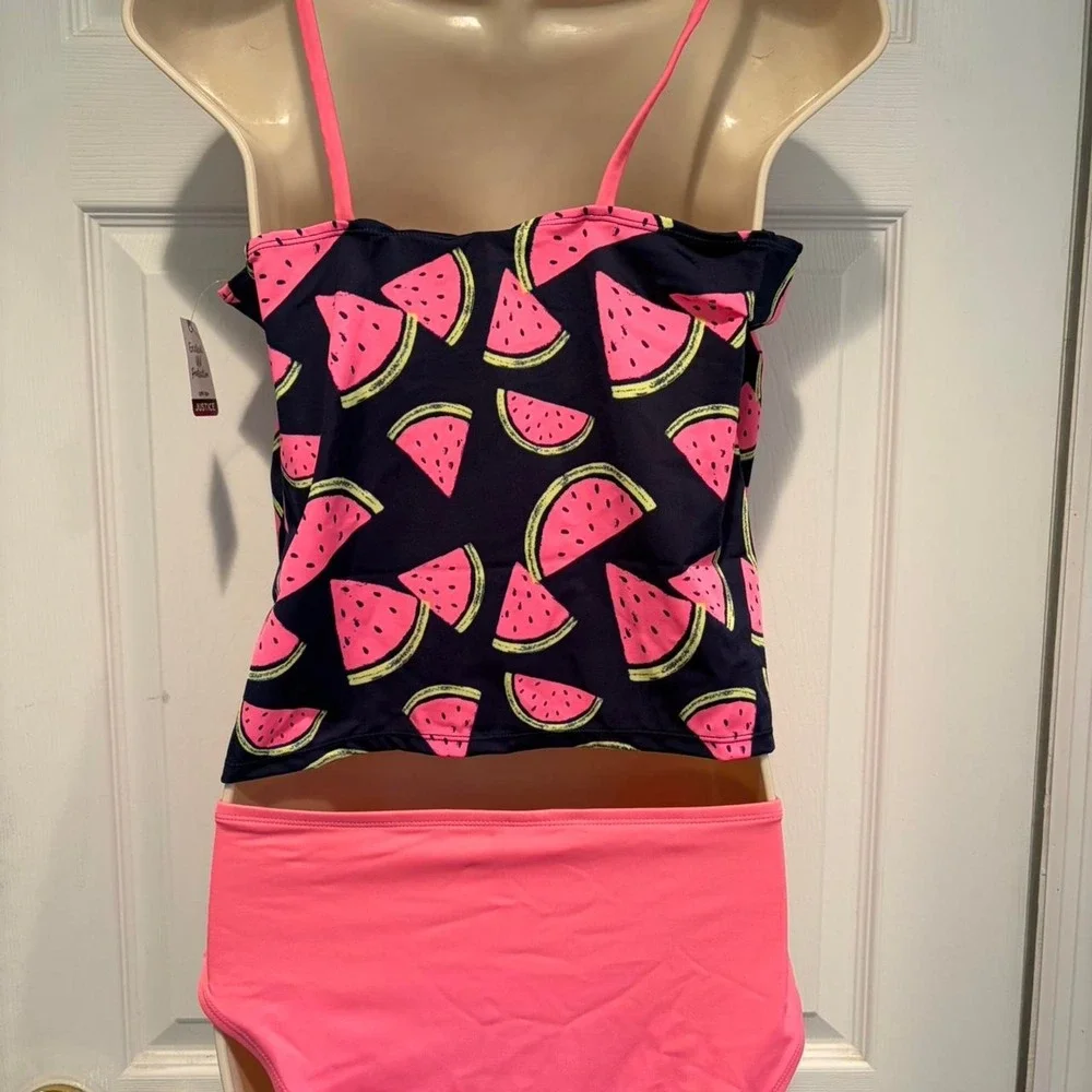Justice Watermelon Tankini Swimsuit Girls 18 Plus Navy Neon Pink UPF 50 763679